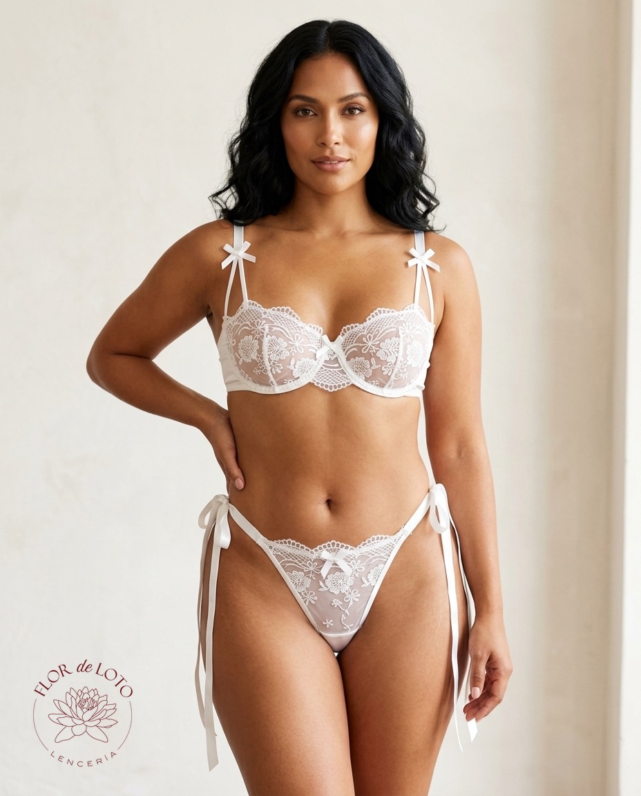 Conjunto de Lencería Blanca con Encaje Floral y Lazos — foto 3